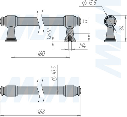 Размеры ручки-скобы с межцентровым расстоянием 160 мм (артикул WMN.851.160