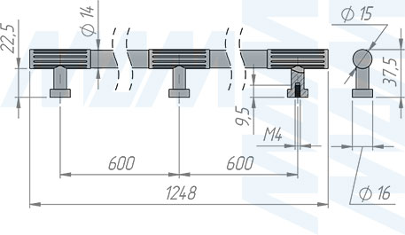 Размеры ручки-рейлинга с межцентровым расстоянием 600/1200 мм (артикул WMN.884.1200)