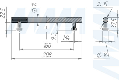 Размеры ручки-рейлинга с межцентровым расстоянием 160 мм (артикул WMN.884.160)