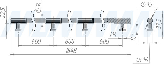 Размеры ручки-рейлинга с межцентровым расстоянием 600/1800 мм (артикул WMN.884.1800)