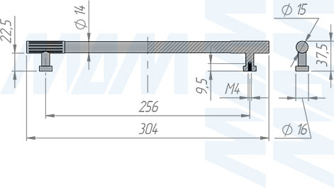 Размеры ручки-рейлинга с межцентровым расстоянием 256 мм (артикул WMN.884.256)