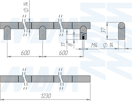 Размеры ручки-рейлинга с межцентровым расстоянием 600/1200 мм (артикул WMN.886.1200)