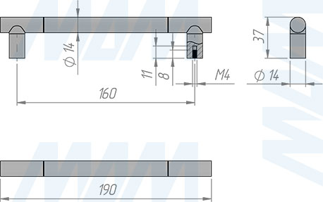 Размеры ручки-рейлинга с межцентровым расстоянием 160 мм (артикул WMN.886.160)