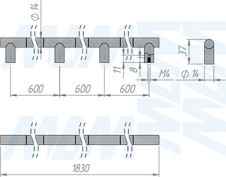 Размеры ручки-рейлинга с межцентровым расстоянием 600/1800 мм (артикул WMN.886.1800)
