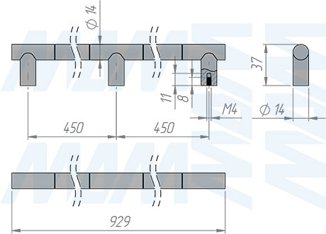 Размеры ручки-рейлинга с межцентровым расстоянием 450/900 мм (артикул WMN.886.900)