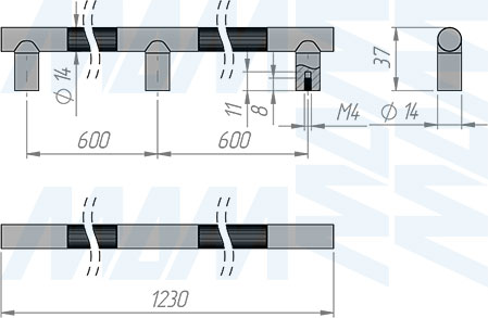 Размеры ручки-рейлинга с межцентровым расстоянием 600/1200 мм (артикул WMN.887.1200)