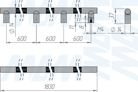Размеры ручки-рейлинга с межцентровым расстоянием 600/1800 мм (артикул WMN.887.1800)