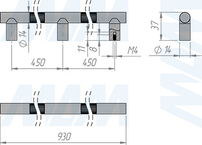 Размеры ручки-рейлинга с межцентровым расстоянием 450/900 мм (артикул WMN.887.900)