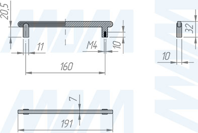 Размеры ручки-скобы с межцентровым расстоянием 160 мм (артикул WMN.893.160)