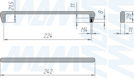 Размеры ручки-скобы с межцентровым расстоянием 224 мм (артикул WMN.895.224)