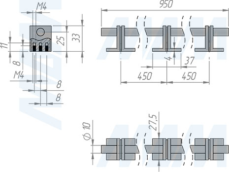 Размеры ручки-рейлинга с межцентровым расстоянием 450/900 мм (артикул WMN.906.900)
