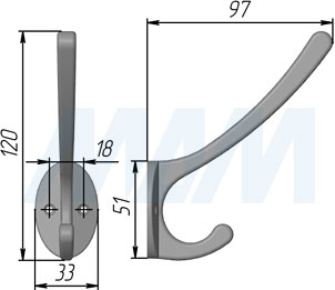 Размеры двухрожкового крючка (артикул WP18)