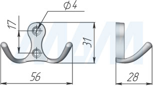 Размеры двухрожкового крючка (артикул WP19)
