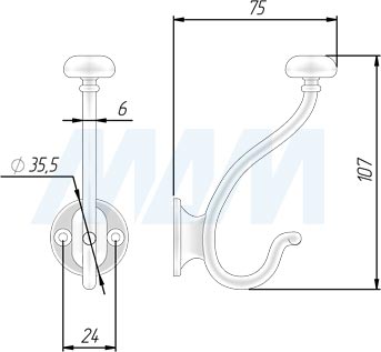 Размеры двухрожкового крючка SCANDI (артикул WP72)