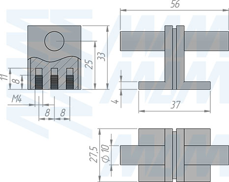 Размеры ручки-кнопки с межцентровым расстоянием 16 мм (артикул WPO.906.00T)
