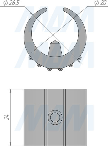 Размеры подпятника для трубы D22-25 мм, с фиксатором (артикул HT25-PIN)