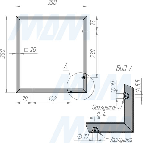 Размеры металлокаркаса рамки для полок 380x350 мм (артикул MF.02.380x350)