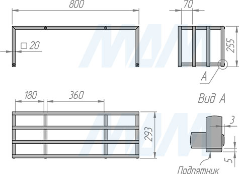 Размеры металлокаркаса обувницы 800x290x250 мм (артикул MF.04.800x250)