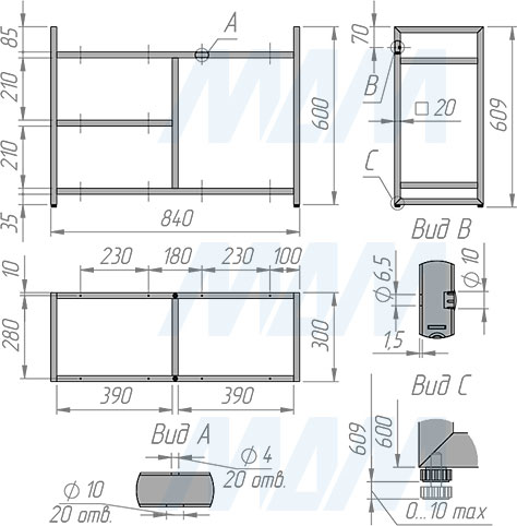 Размеры металлокаркаса обувницы 609x840x300 мм (артикул MF.06.609x840x300)