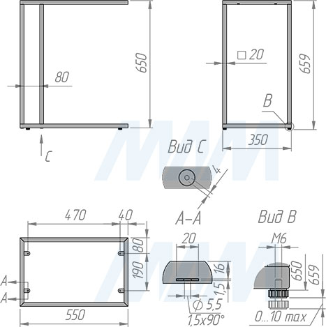 Размеры металлокаркаса журнального стола 550x350x650 мм (артикул MF.07.550x350x650)
