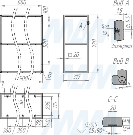 Размеры металлокаркаса полки 720х900х315 мм (артикул MF.08.720х900х315)
