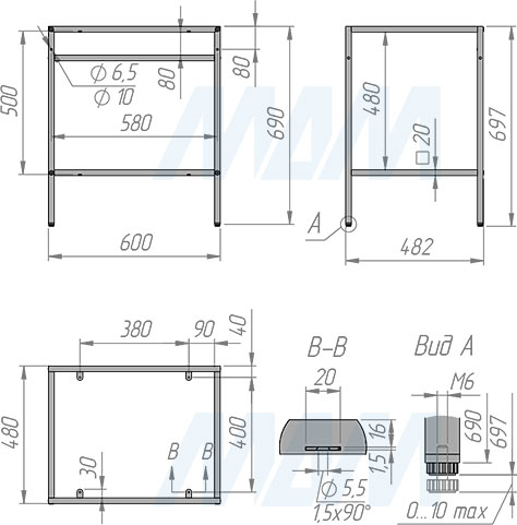 Размеры металлокаркаса напольной тумбы 600x700x480 мм для раковины (артикул MF.09.600х700х480)