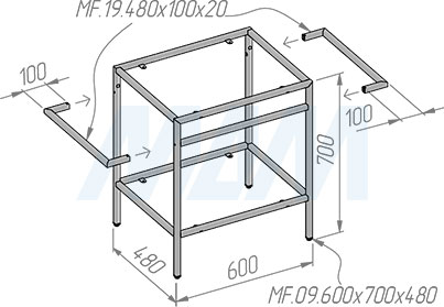 Размеры металлокаркаса напольной тумбы 600x700x480 мм для раковины с полотенцедержателем (артикул MF.09.600х700х480)