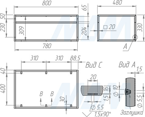 Размеры металлокаркаса напольной тумбы 800x330x480 мм для раковины (артикул MF.10.800х330х480)