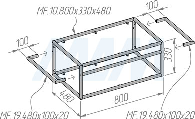 Размеры металлокаркаса напольной тумбы 800x330x480 мм для раковины с полотенцедержателем (артикул MF.10.800х330х480)