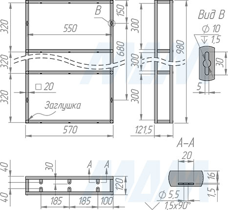 Размеры металлокаркаса стеллажа 570х980х1200 мм на 4 полки (артикул MF.11.570х980х120)