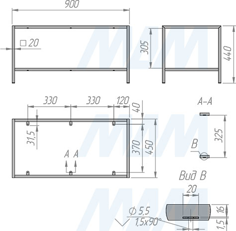Размеры металлокаркаса для журнального стола 900x450x440 мм (артикул MF.13.900x450x440)