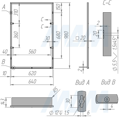 Размеры металлокаркаса рамки 640x980x140 мм с полкой для зеркала (артикул MF.17.640x980x140)