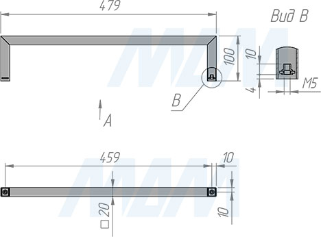 Размеры металлокаркаса полотенцедержателя 480х100х20 мм для тумб глубиной 480 мм (артикул MF.19.480х100х20)
