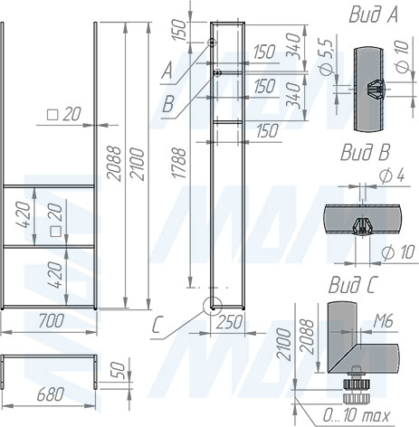 Размеры металлокаркаса для напольного стеллажа под стиральную машину 2100х700х250 мм (артикул MF.23.2100x700x250)