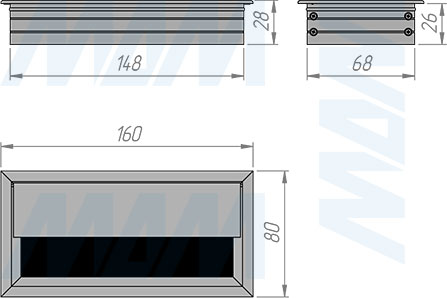 Размеры алюминиевой заглушки кабель-канала, 160x80 мм (артикул ALM-RC-160)