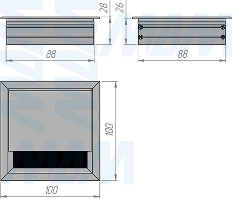 Размеры алюминиевой заглушки кабель-канала, 100x100 мм (артикул ALM-SQ-100)