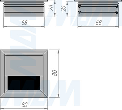 Размеры алюминиевой заглушки кабель-канала, 80x80 мм (артикул ALM-SQ-80)