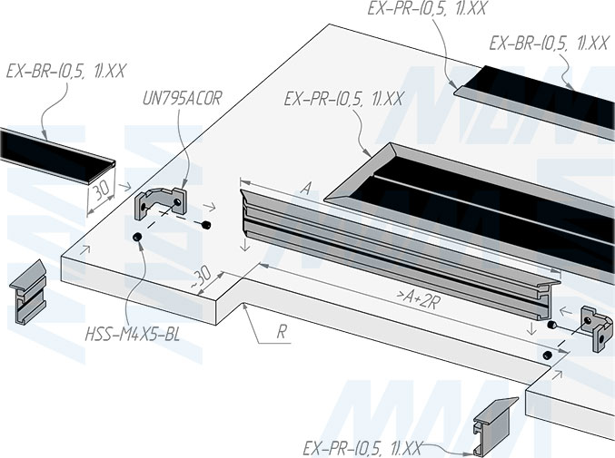 Установка профиля и щетки EXIT для заглушки кабель-канала (артикул EX-PR и EX-BR), схема 1