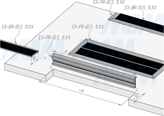 Установка профиля и щетки EXIT для заглушки кабель-канала (артикул EX-PR и EX-BR), схема 2