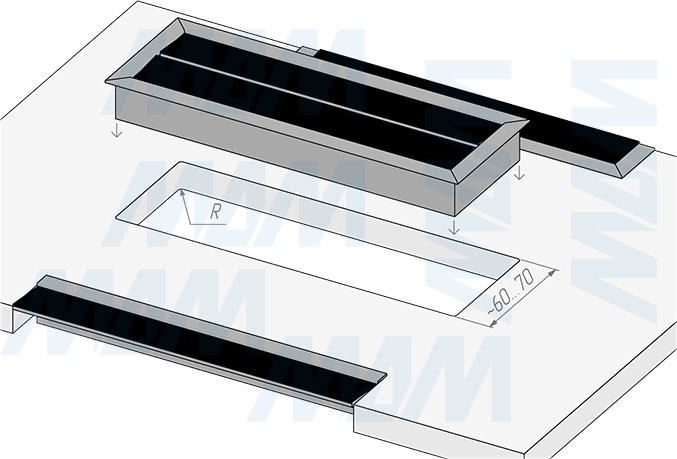 Установка профиля и щетки EXIT для заглушки кабель-канала (артикул EX-PR и EX-BR), схема 3