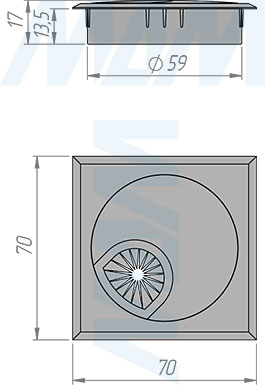 Размеры алюминиевой квадратной заглушки кабель-канала, диаметр 60 мм, размер 70x70 мм (артикул RND-RS-60)