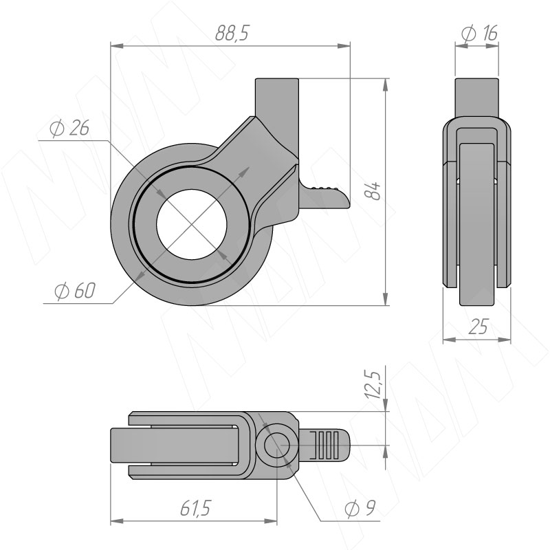 DALLAS Опора колесная, прорезиненное колесо, D60 мм, со стопором, хром фото товара 5 - CST21