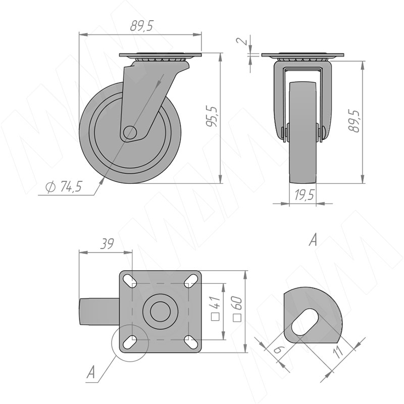 Опора колесная, D75 мм, без стопора, с площадкой фото товара 2 - CST75
