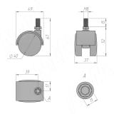 Опора двухколесная с винтом M8, D40 мм, без стопора, черная ОК-40/2/K, фото 1