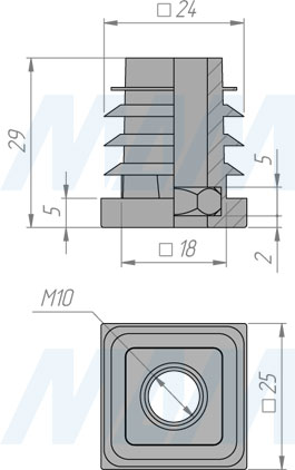 Размеры заглушки-подпятника с гайкой М10 (артикул 25Х25 М10)