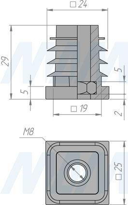 Размеры заглушки-подпятника с гайкой М8 (артикул 25Х25 M8)
