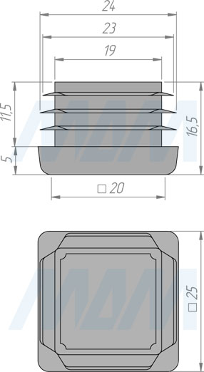Размеры заглушки-подпятника (артикул 25Х25Х1,2Н)