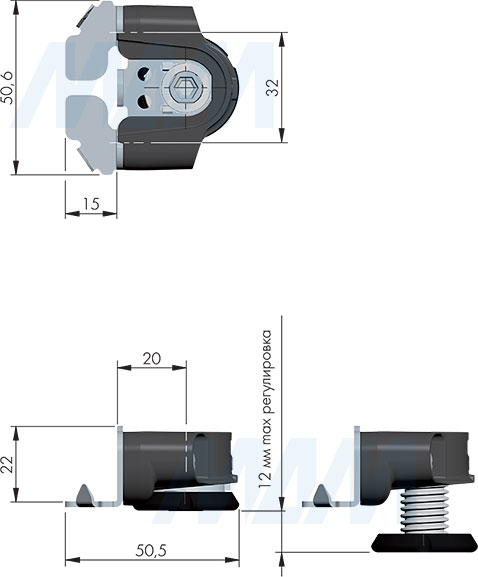 Размеры регулируемой опоры INTEGRATO TECH G с шипами и предустановленными винтами, регулировка 12 мм (артикул 3506002000)