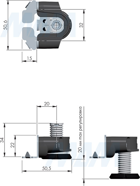 Размеры регулируемой опоры INTEGRATO TECH G с шипами и предустановленными винтами, регулировка 20 мм (артикул 3506004000)