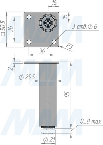 Размеры декоративной опоры, высота 100 мм, регулировка 10 мм (артикул ADJ19.100)